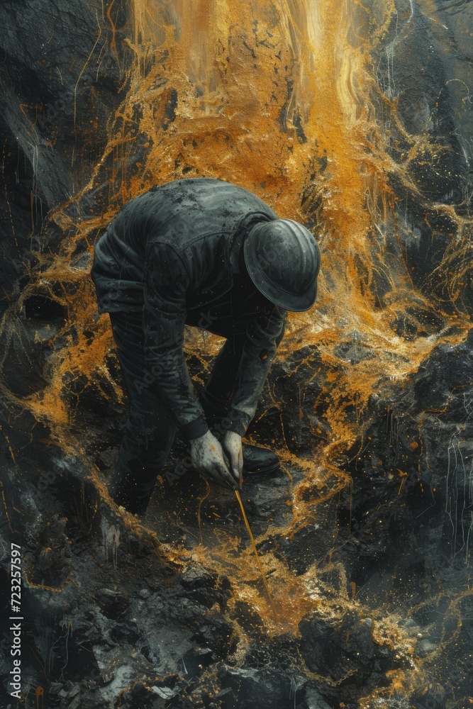 man digging into an earth pit and pouring gold, in the style of detailed graphite sketches, gold Rush man digging into an earth pit and pouring gold, in the style of detailed graphite sketches, gold Rush