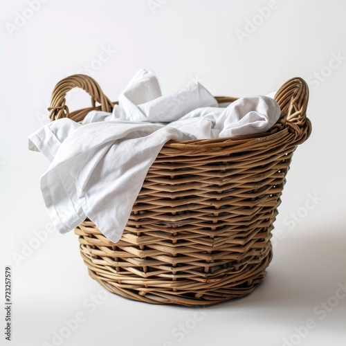 Basket with dirty towels on white background