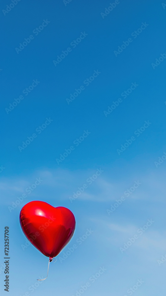 Red Heart-Shaped Balloon Floating in Blue Sky for Valentine's Day Red Heart-Shaped Balloon Floating in Blue Sky for Valentine's Day