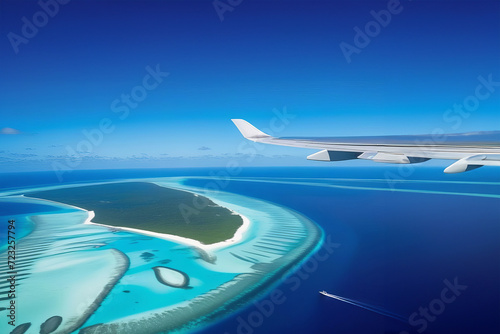 View from airplane window. Wing of an airplane flying above the clouds over tropical island. Maldives islands view from airplane window with airplane's wing © Александр Ткачук