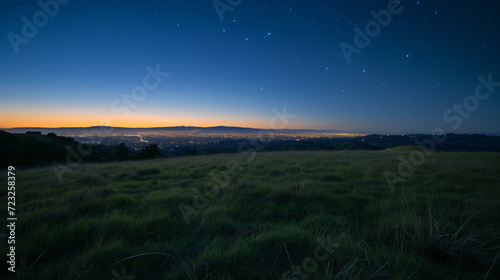Photographie A grassy hilltop at twilight with a view of the distant city lights and starry sky