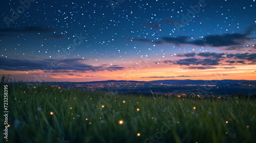 Vászonkép A grassy hilltop at twilight with a view of the distant city lights and starry sky