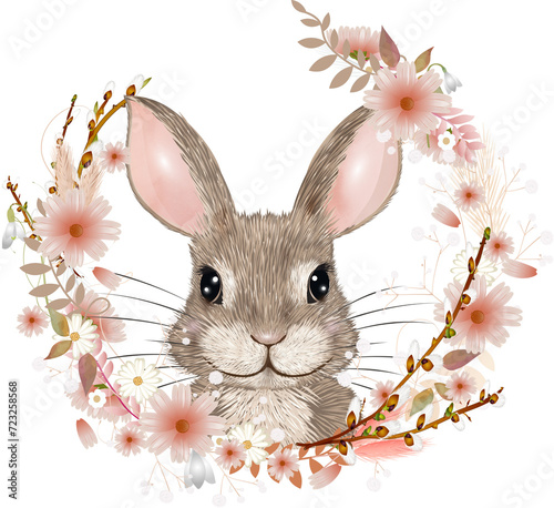 Weidenkätzchen,Blüten und Kaninchen als Osterhase in einem frühlingshaften Blumenkranz vereint