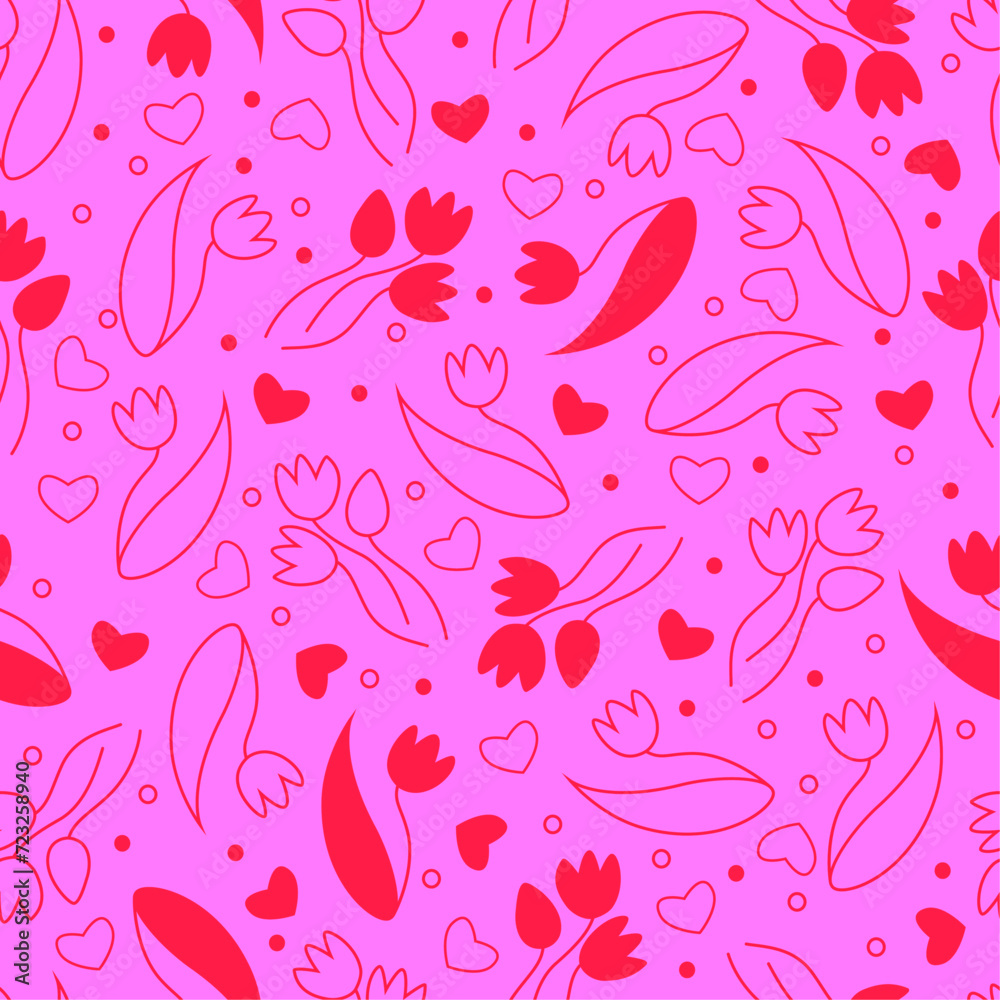Seamless background, in pink tones with hearts and flowers. Illustration for designing romantic materials. Illustration size 2000*2000 pixels. Seamless background, in pink tones with hearts and flowers. Illustration for designing romantic materials. Illustration size 2000*2000 pixels.