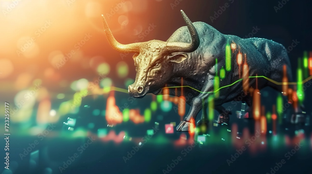 Obraz premium Green suited bull with rising charts symbolizing trading volatility and recession in bull market.