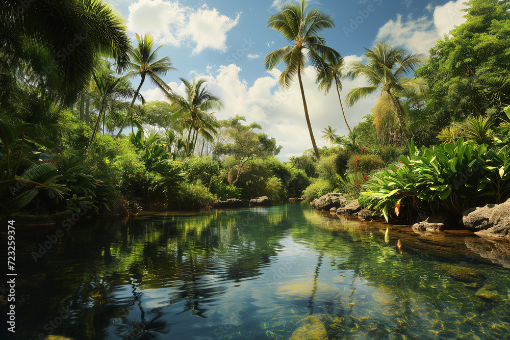 Tropical Heavenly Oasis, Honalulu, beautiful landscape with palm and river