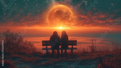  two people sitting on a bench in front of a sunset with the moon in the sky and the stars in the sky above the clouds and a full moon in the sky.