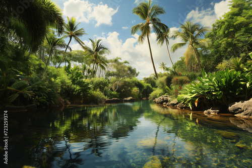 Tropical Heavenly Oasis  Honalulu  beautiful landscape with palm and river