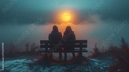  two people sitting on a bench in the middle of a field at night with a full moon in the sky and fog in the air, and fog in the foreground.