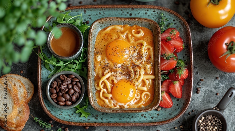  a bowl of food with noodles, eggs, tomatoes, beans, and bread on a plate next to a bowl of beans, tomatoes, tomatoes, a spoon, and a slice of bread.