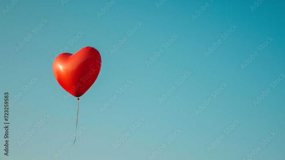 A heart-shaped balloon floating against a clear blue sky.