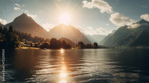 Sun shinning through the mountains and the lake