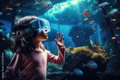 Captivated by the underwater world, a young girl reaches out to touch the virtual fish swimming around her in an immersive VR experience