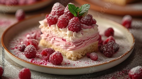  a white plate topped with a piece of cake covered in raspberry frosting and topped with a leaf of green on top of the cake is surrounded by raspberries.