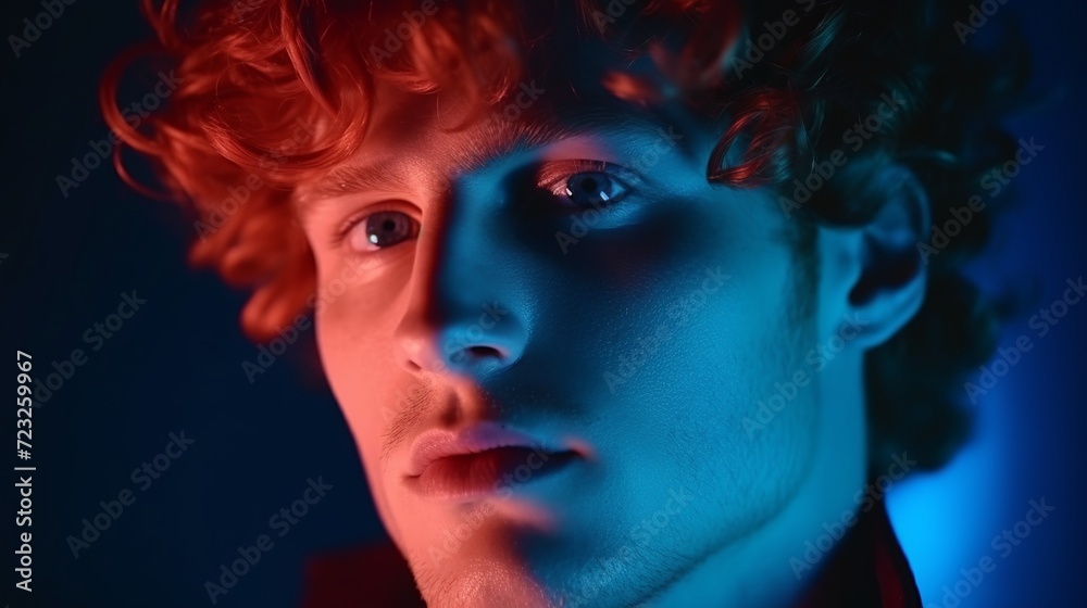 Thoughtful. caucasian close up man's portrait isolated on blue  wall in red neon light. beautiful male model, red curly hair. concept of human emotions, facial expression, sales, ad.