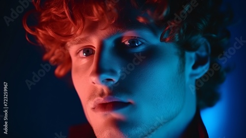 Thoughtful. caucasian close up man's portrait isolated on blue wall in red neon light. beautiful male model, red curly hair. concept of human emotions, facial expression, sales, ad.