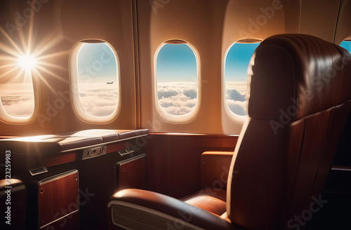 Luxury first class or business class suite on airplane feel private for travel. Business comfort and elegance chair when fly with airline. luxury airplane interior