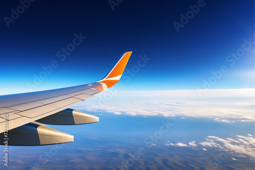 Clouds and sky as seen through window of aircraft. flying and traveling  view from airplane window on wing on sunset time. View out of window of flying plane overlooking sky. Place for text banner