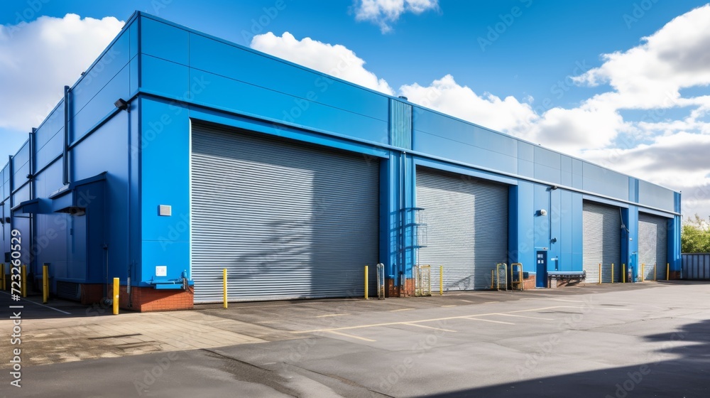 Naklejka premium exterior of a commercial warehouse with roller doors