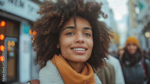 Closeup of happy young African American woman smiling standing on the street of a European city outdoors. Ai generated © lensofcolors