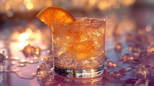  a close up of a glass of ice and an orange slice on the rim of a glass with ice cubes on a table with a blurry background of lights.