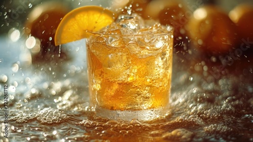  a close up of a glass of lemonade with a slice of lemon on the rim of the glass and water splashing on the glass and on the table.