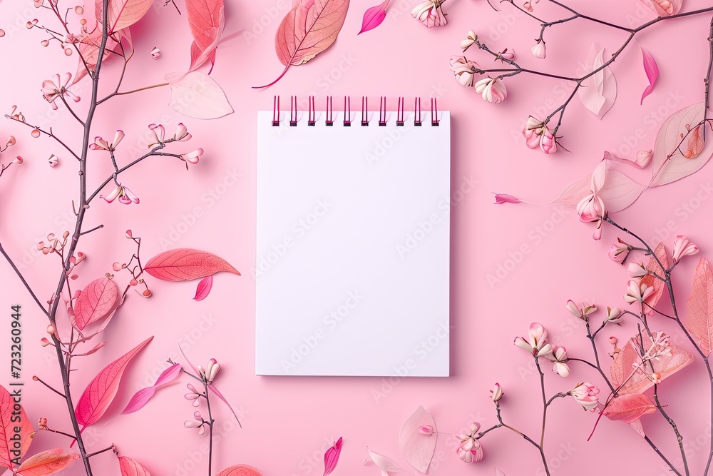 a empty notepad on top of a pink background with leaves and branches
