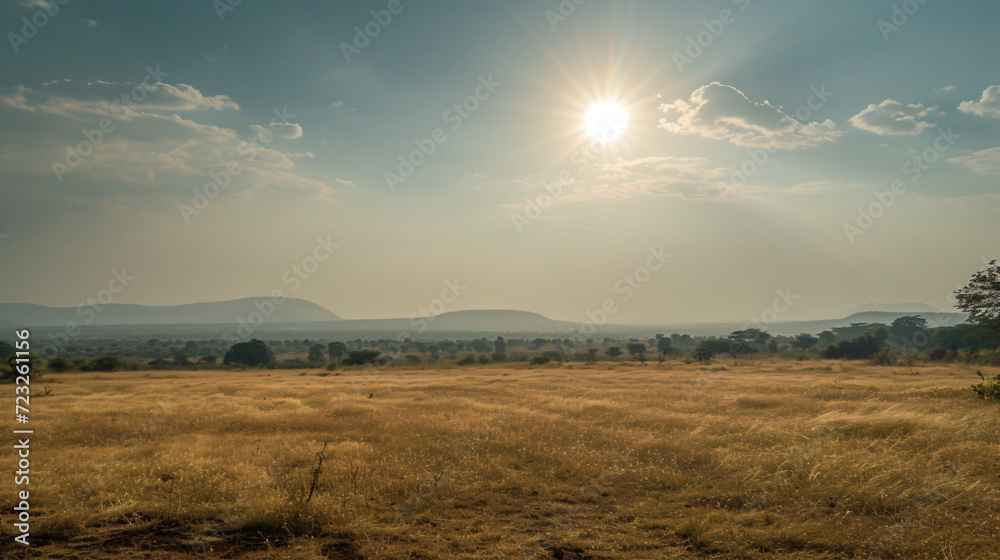 A hot and humid summer afternoon with the sun glaring down on a parched landscape. - obrazy, fototapety, plakaty 