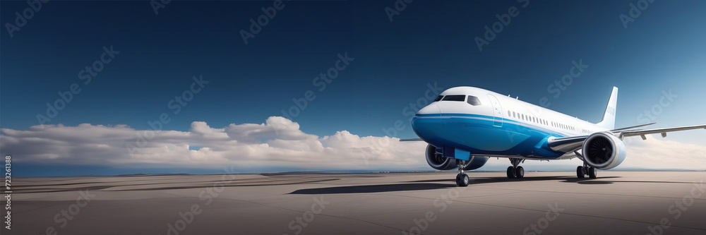 airplane on runway on beautiful background with clouds and blue sky. plane airport runways for traveling and transport business. Copy space banner airplane on runway on beautiful background with clouds and blue sky. plane airport runways for traveling and transport business. Copy space banner