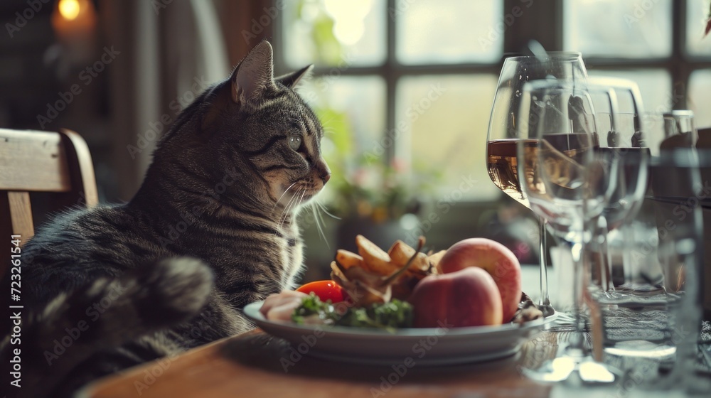 a cat sitting at a table with a plate of food in front of it and a glass of wine on the other side of the table and a wine glass. a cat sitting at a table with a plate of food in front of it and a glass of wine on the other side of the table and a wine glass.