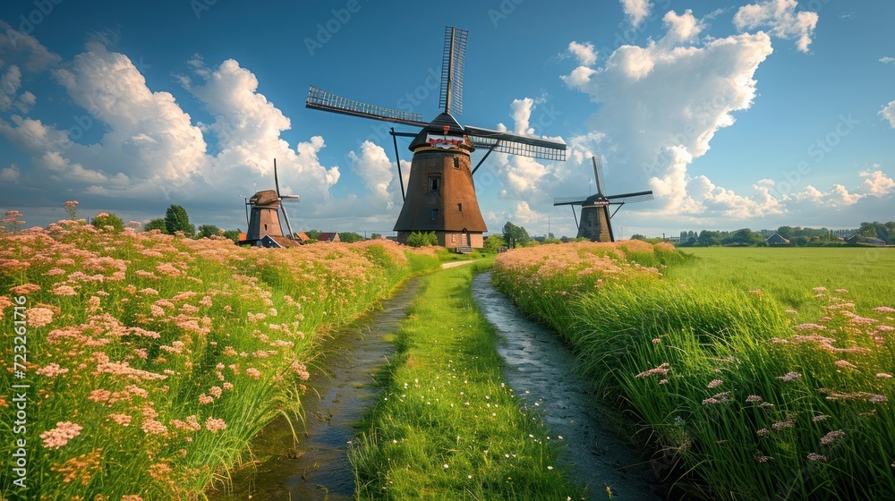 a group of windmills sitting on top of a lush green field next to a stream in front of a lush green field filled with pink flowers and yellow flowers. a group of windmills sitting on top of a lush green field next to a stream in front of a lush green field filled with pink flowers and yellow flowers.