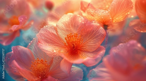  a close up of a bunch of flowers with drops of water on the petals and in the middle of the petals is a pink and orange flower with a blue background.