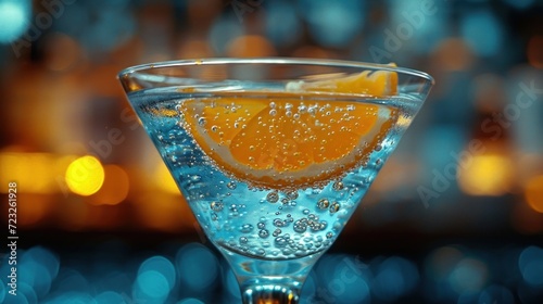  a close up of a drink in a glass with a slice of orange on the top of the glass and a blurry background of lights in the back ground.