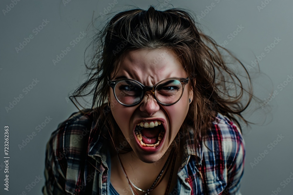 Angry Ugly Young plus size woman wearing casual clothes and glasses yelling on grey background