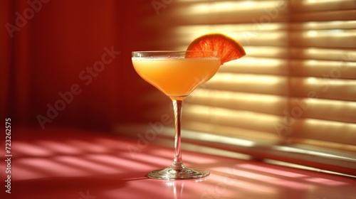  a close up of a drink in a glass on a table near a window with the sun shining through the blinds on the outside of the window and the outside.