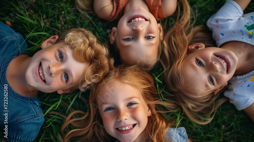 group of children laying on grass