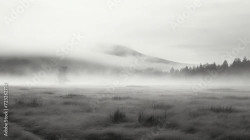 Vertical greyscale shot of a mysterious field covered in fog photo