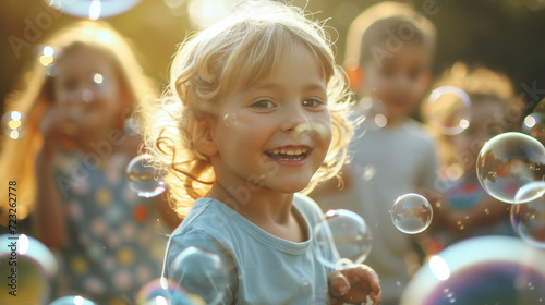 Children playing with soap bubbles. 