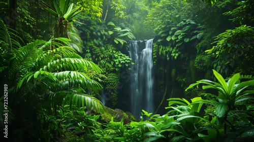 A lush rainforest with a hidden waterfall. © Carlos