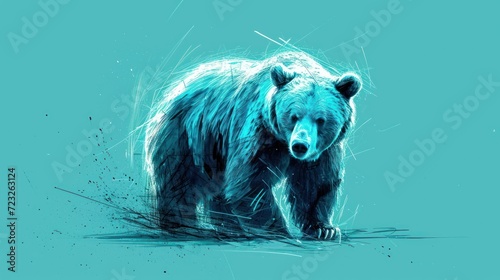  a digital painting of a bear walking across a blue background with a splash of paint on the bottom of the bear's body and the bear's head.