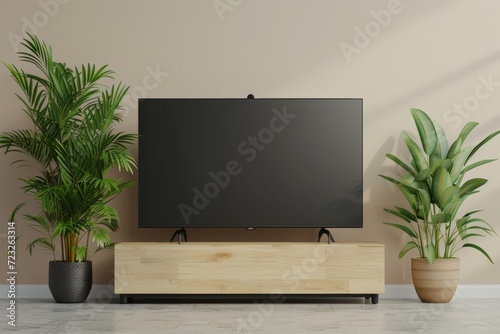 Television with plants in a modern interior. Interior design concept. Mockup, template for design. Ecology and eco-friendly lifestyle concept. Minimalistic composition
