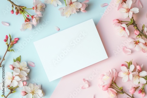 Blank paper card with cherry blossoms on pastel background. Spring sakura flowers, springtime beauty. Mockup, template for design. Minimalistic composition. Top view, flat lay