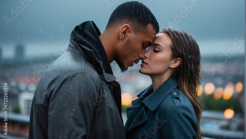 A man and woman stand close together in the rain, about to kiss. They are both wearing black coats.