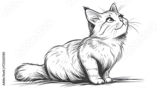  a black and white drawing of a cat sitting on the ground looking up at something in the air with its mouth open and eyes wide open, on a white background.