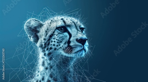  a close up of a cheetah's face on a blue background with lines in the foreground and a blurry image of the head of the cheetah cheetah.