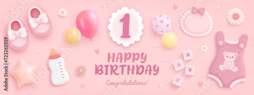 Number 1 birthday celebration greeting card or banner with realistic cartoon baby shoes and helium balloons on pink background. Happy birthday template