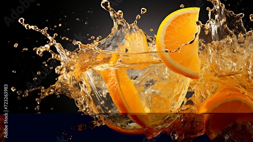 Splash shots of ice cubes falling into the glass of orange juice.