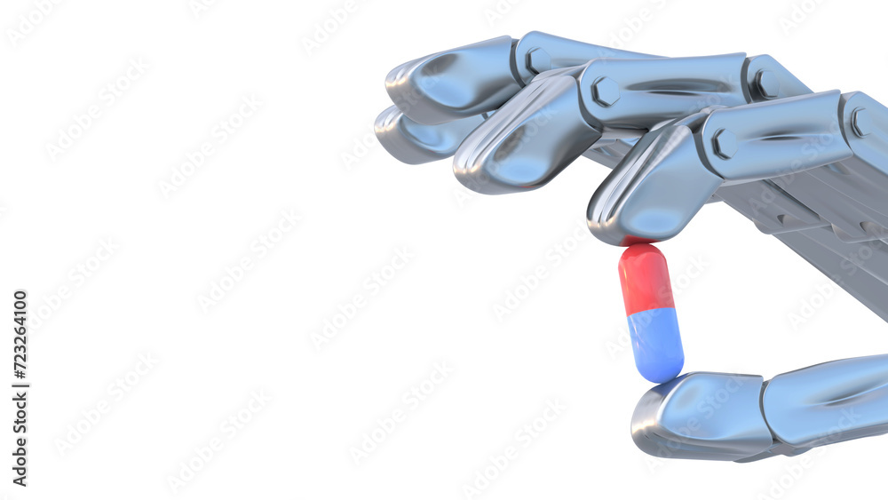 3d render of a robotic hand holding a medical capsule on isolate backdrop with space for text and images. Concept of automated medical treatment. Automated robots of future. 3d render of a robotic hand holding a medical capsule on isolate backdrop with space for text and images. Concept of automated medical treatment. Automated robots of future.