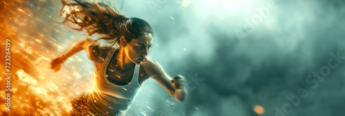 Athlete runner woman running fast with energy and power. Dynamic action shot. Background for the sport presentation. Space for text.