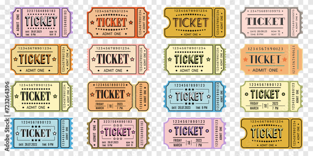 Set of vintage retro admit one tickets, vector.